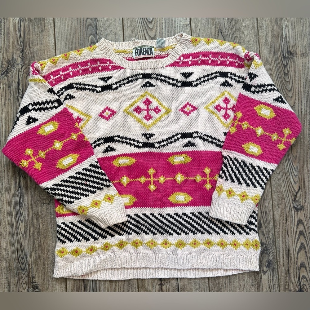 Vintage Forenza Sweater M Pink Geometric Knit 90s Chunky Ramie Cotton - Picture 2 of 13